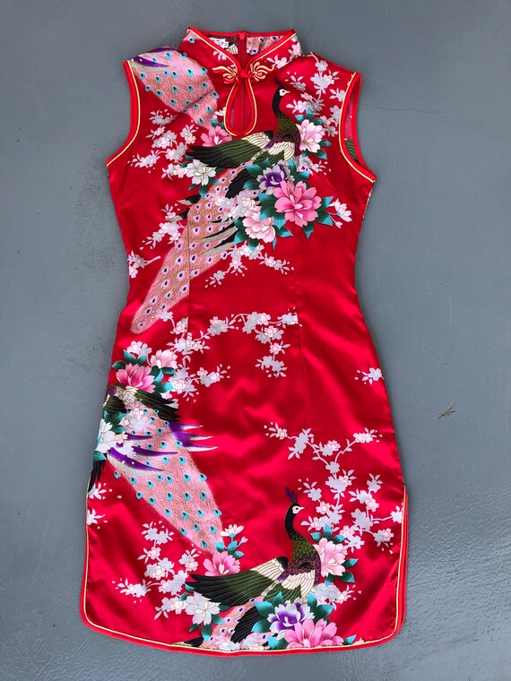 Vintage 90s Red Satin Chinese Top Dress Mandarin … - image 8