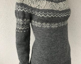 Suéter vintage de lana hecho a mano, estilo Lopapeysa, cárdigan gris de lana con estampado, cuello redondo, adorno de copo de nieve, talla pequeña