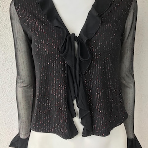 Vintage Black Shiny Wrap Front Frilled Top Blouse Long Sleeve Wrap Top Cropped Wrapover Hipster Shirt Boho Shiny Party Top Sparkly Top Small