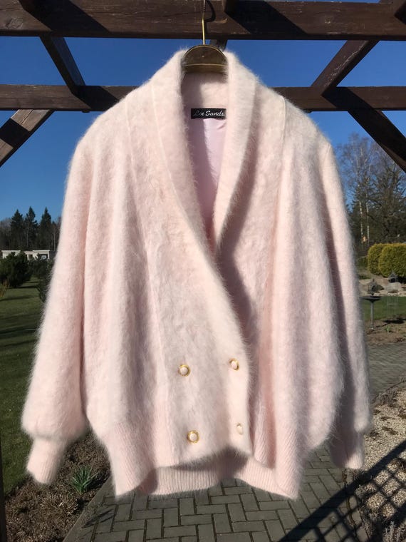 Vintage 80s Angora Cardigan Long Sweater Spring Embellished