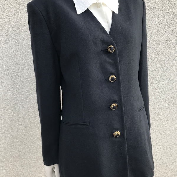 Veste blazer femme bleu marine vintage GIACCA Veste blazer en laine mélangée avec épaulettes veste élégante avec boutons dorés tendance Sz Large