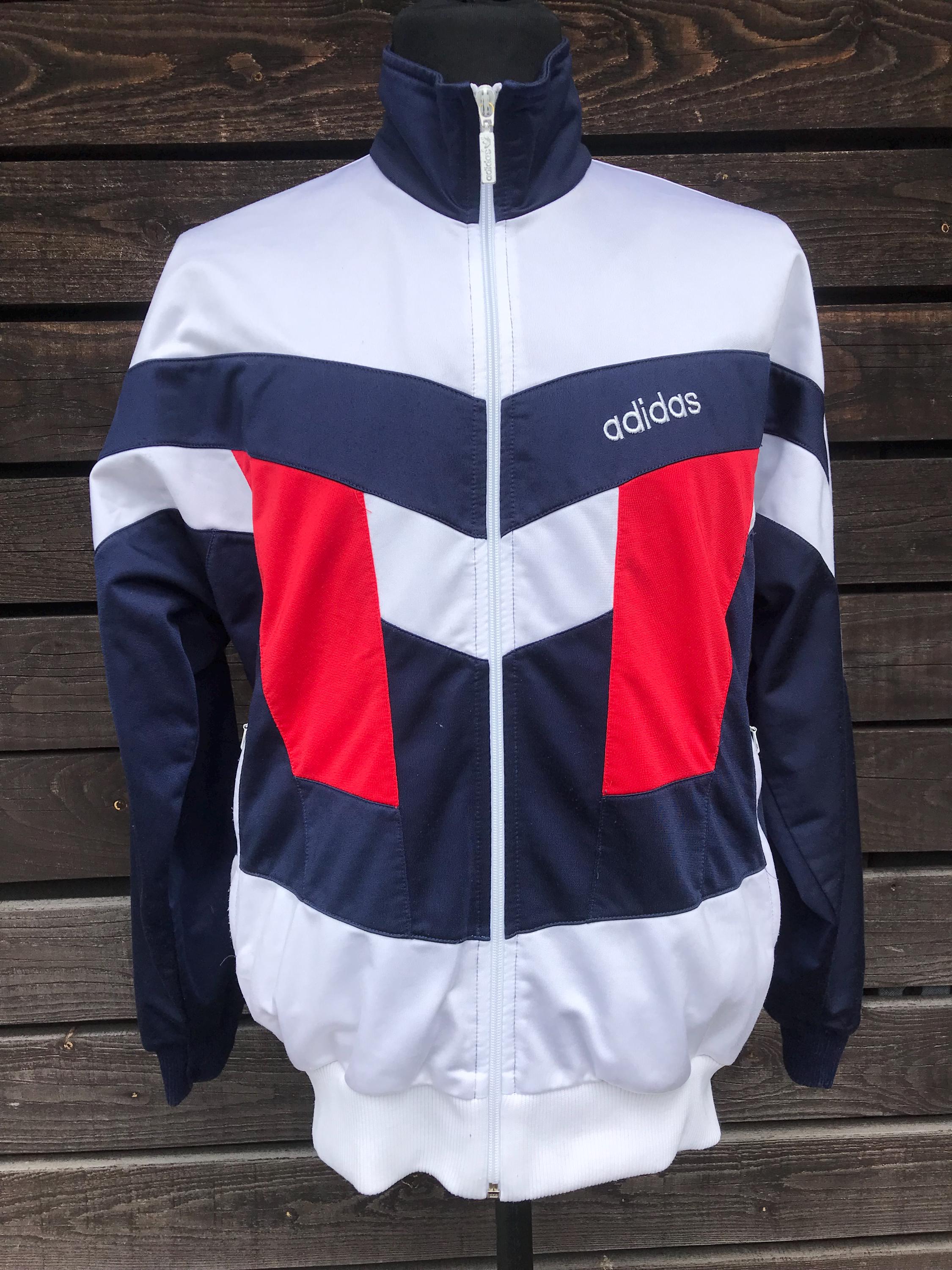 Vintage 80s Adidas Track Top Zip Jacket White Navy Blue Red