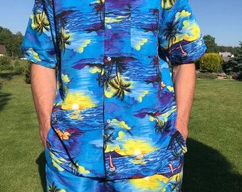 Vintage Men's Tropical Short Set Palm Print Short Set Blue Short Set Short Sleeve Shirt Button Down Shirt Hawaiian Shirt Stag Beach Large
