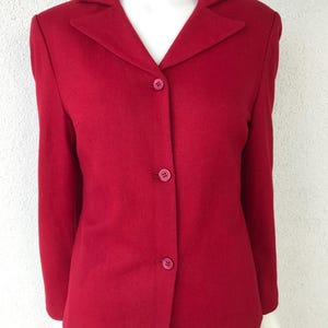 Blazer vintage rosso bordeaux morbido da donna in misto lana, giacca rossa corta in lana, blazer a maniche lunghe con bottoni e tasca, giacca classica, taglia piccola