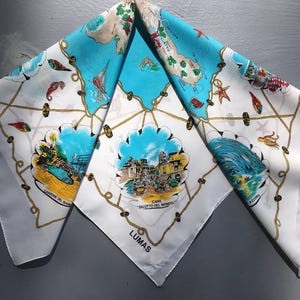 Pañuelo vintage italiano de recuerdo, bandana de Isola di Capri, pañuelo retro de viaje, bufanda turística, mapa con lugares para turistas.