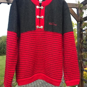 Vintage Telemark Norwegian Wool Sweater Red Gray Swix Sweater with Clasps Nordic Wool Sweater Folk Norway Pullover Pure New Wool Sweater XL