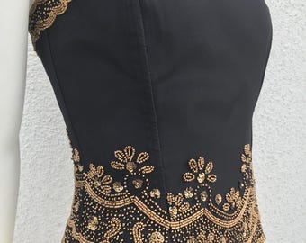 Svart vintagerenässanskorsetttopp med broderi och pärlor, älvprinsesskorsettblus, snörningskorsett, återvunnen bustier för kvinnor, storlek Small