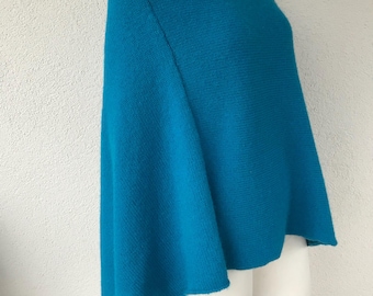 HANDMADE Wool Cape Vintage 1990s Turquoise Hand Knit Poncho Asymmetrical Wool Poncho Womens Poncho Cape One Size Loose Oversized