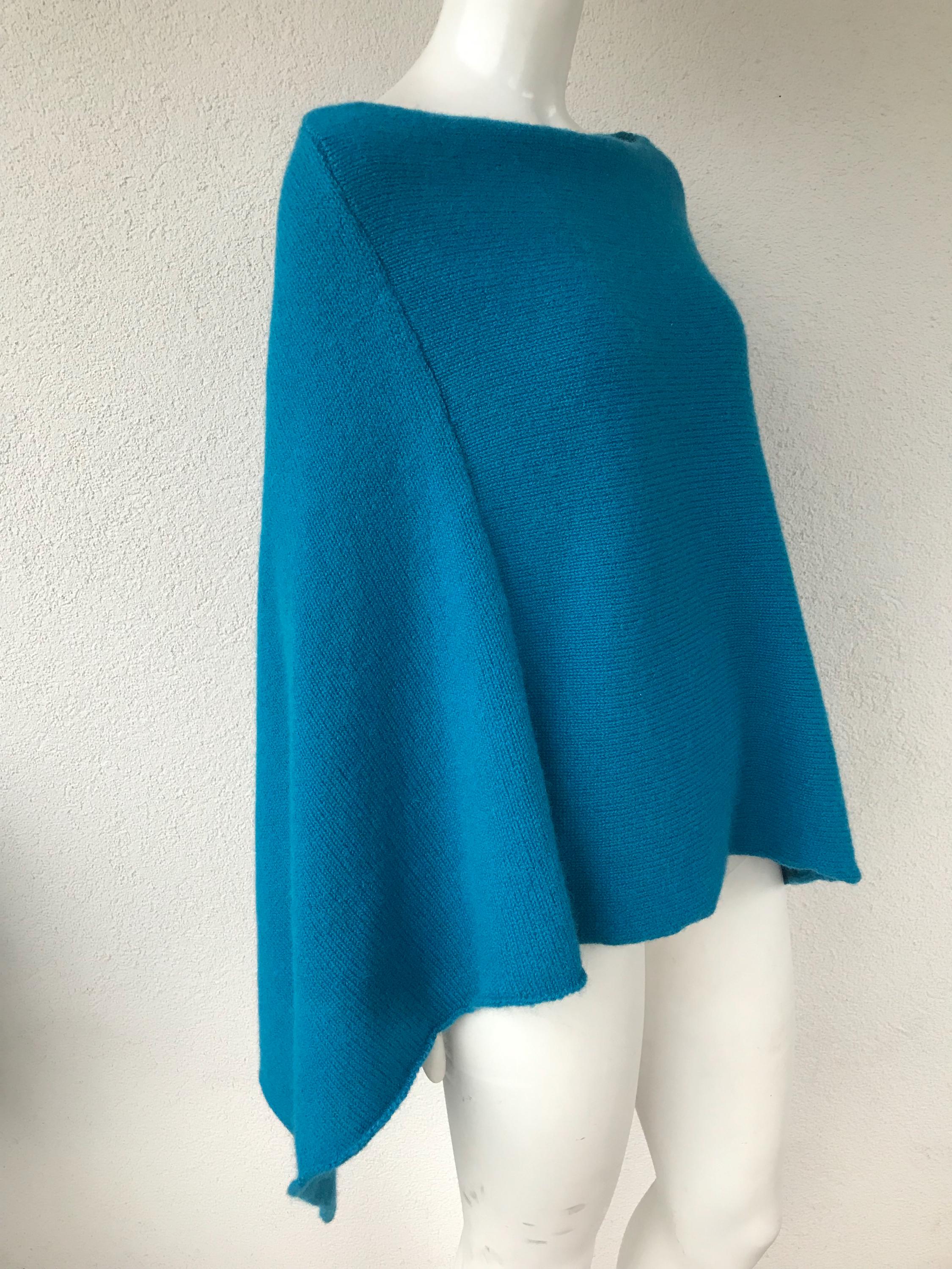 HANDMADE Wool Cape Vintage 1990s Turquoise Hand Knit Poncho