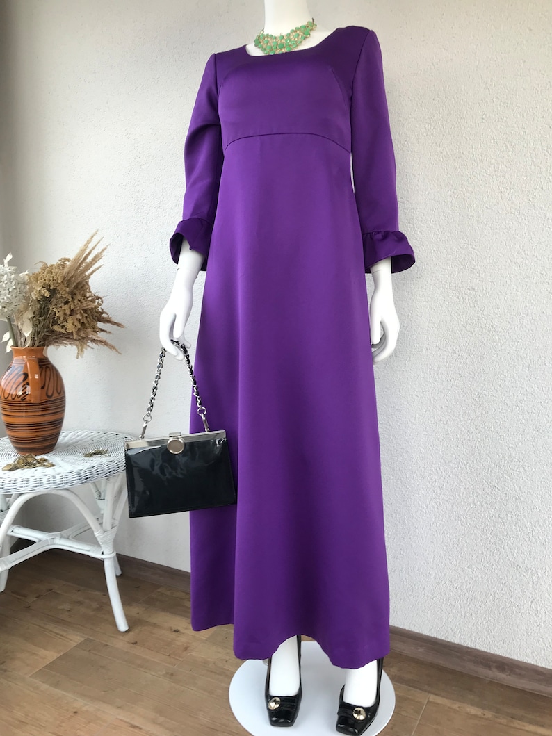 Vtg 70 s Boho Chic Groovy superposition brillante robe Maxi robe taille haute rétro lumineux violet longue robe de soirée manches 3/4 étage longueur taille S/M image 3