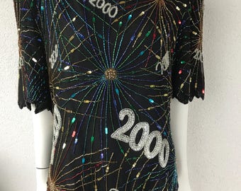 Vintage Laurence Kazar Silk Blouse 2000s Beaded Party Top Silk Short Sleeve Blouse Beaded Sequin Black Evening Top Sequin&Bead Top Shirt XL