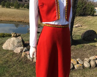 Vintage Handmade Two Piece Skirt Set 1970's Wool Vest and Skirt Suit Ethnic Folk Folklore Orange Colorful Waistcoat And Skirt Size Small