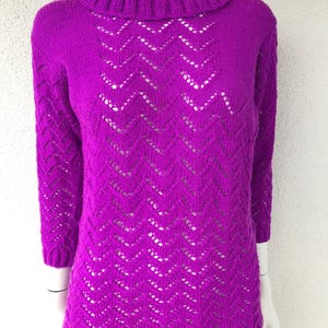 Vintage Hand Knitted Women Cotton Sweater Fashionable Bright Purple Sweater Hight Collar Cozy and Cute Sweater Beautiful Pattern Size Medium