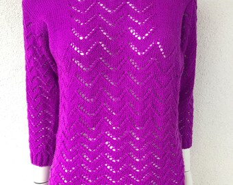 Suéter vintage de algodón tejido a mano para mujer, suéter morado brillante de moda, cuello alto, suéter cómodo y lindo, hermoso patrón, tamaño mediano