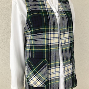 Vintage Wool Waistcoat in Green White Navy Blue for Women Tartan Vest Checkered Vest Plaid Open Vest with Satin Lining Tartan Top Size S/M
