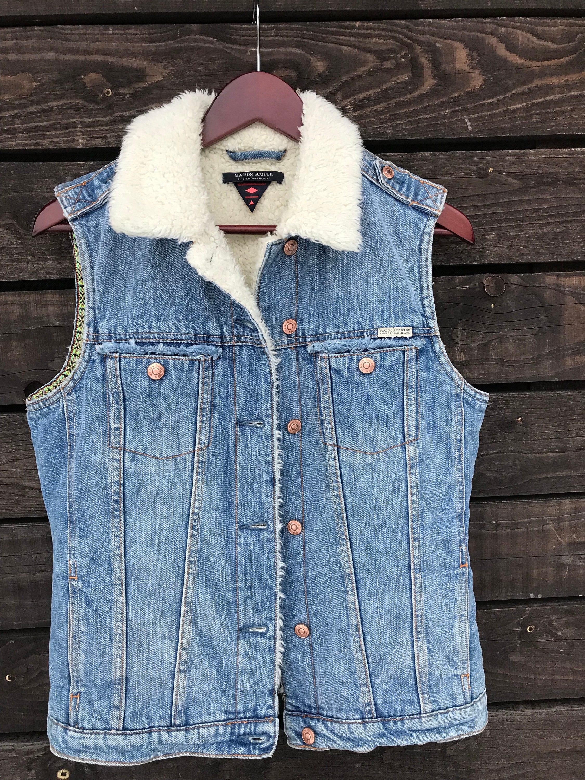 Vintage Maison Scotch Blue Denim Vest With Faux Fur Winter Vest 