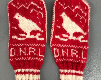 Norwegian gloves Hand Knitted Nordic Mittens Handmade Woolen Red White Winter Gloves Warm Vintage Women's Mittens - Women's Size Medium