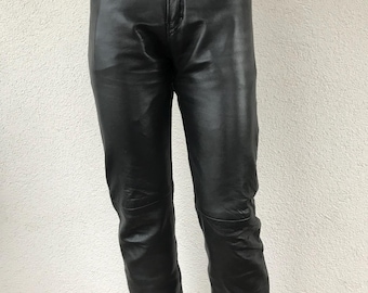 Vintage 90s Leather Pants Women's Leather Trousers Pockets Black High Waisted Pants Genuine Leather Woman Leather Trousers with Lining Sz M