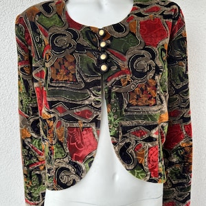 Vintage 90s Whimsigoth Velvet Cropped Jacket Artsy Devore Abstract Pattern Blazer Boho Chic Velvet Bolero Cardigan with Gold Buttons XXL