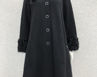 Vintage GEIGER Austrian Wool Coat Fur Collar Fur Cuffs Black Wool Coat Cape A-line Midi Wool Coat Women Black Wool Cardigan Loose Oversized