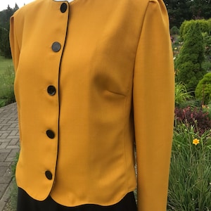 Vintage 80s Hardob Wool Blend Blazer Mustard Yellow Collarless Jacket Cropped Long Sleeve Button Blazer Jacket 80s 90s Clothing Size Large