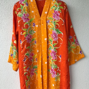 Vintage Bright Orange Colorful Floral Print Blouse Tunic Front Slit Long Sleeve Multi Color Blouse Silk Feel Statement 90s Top Size Small