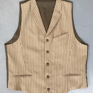 Vintage Mens Waistcoat Beige Moss Striped Vest Sleeveless Vest With Flaps V-neck Wool Blend Pinstripe Vest Waistcoat With Satin Back Large