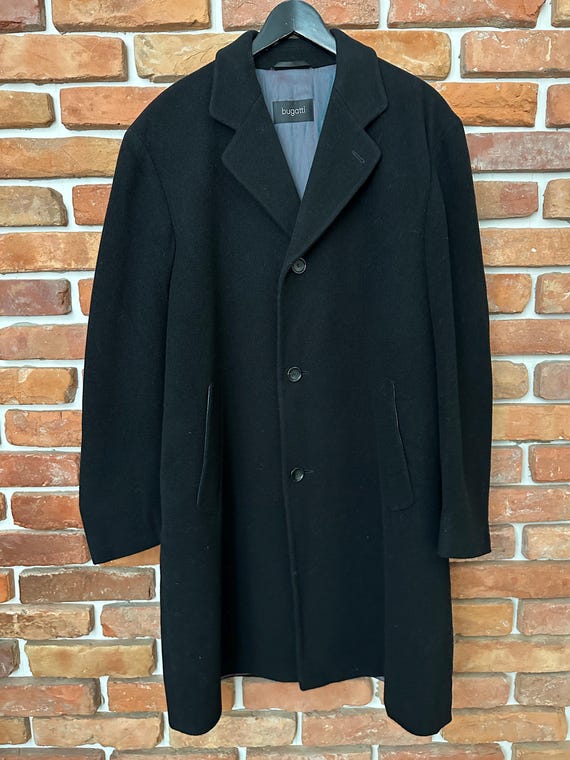 Vintage 80s Men's Wool Cashmere Minimalist Bugatti Coat Navy Wool Overcoat Schurwolle Men's Coat Made Germany Size XL EU 54