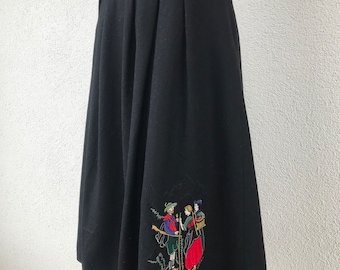 Vintage 80s 1980s Julius Lang Black Wool Trachten Midi Skirt Embroidered Woolen Skirt Black High Waist Skirt Plus Size Skirt Size X Large 42