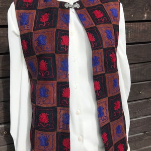 Vintage Multicolor Square Pieces Vest Brown Black Suede Vest Embroidered Flowers Leather Vest Womens Waistcoat Genuine Leather Vest S/M