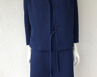 Vintage 1960s Mid Century Mod Navy Blue Textured Crimplene Terylene Belted Dress & Jacket Suit Set Two Piece Set Jacket Dress Suit Size S/M