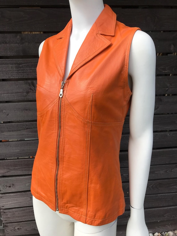Vintage 90s Orange Real Leather Vest V-neck Vest With Notched