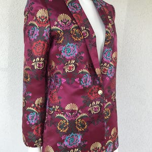 Vintage 90s Unique Burgundy Floral Print Chinese Style Jacket Oriental Multi-coloured Blazer Fitted Padded Jacket Asian Chine Style Blazer S