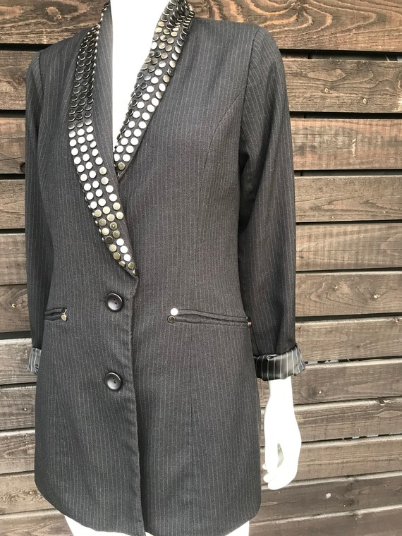 Vintage 90's Striped Blazer Jacket in Brown & chalk stripe blazer Shoulder padded suit metal Spiked long jacket casual blazer Studded blazer