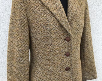 Blazer vintage de los años 80 Choice By Steilmann con estampado de espiga en marrón musgo. Blazer clásico de mezcla de lana y mohair. Blazer de tweed a medida. Talla M/L.