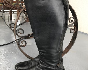 Womens Vintage Riding Boots Mid Calf Black Leather Boots Horsehead Women Horse Leather Equestrian Sport Size EU 38 US 7 Saddle Field Boot