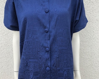 Vintage 80s 90s Blouse Thai Silk Blue Short Sleeve Button Down 100% Thai Silk Women's Shirt Bohemian Style Summer Top Loose Blouse Large