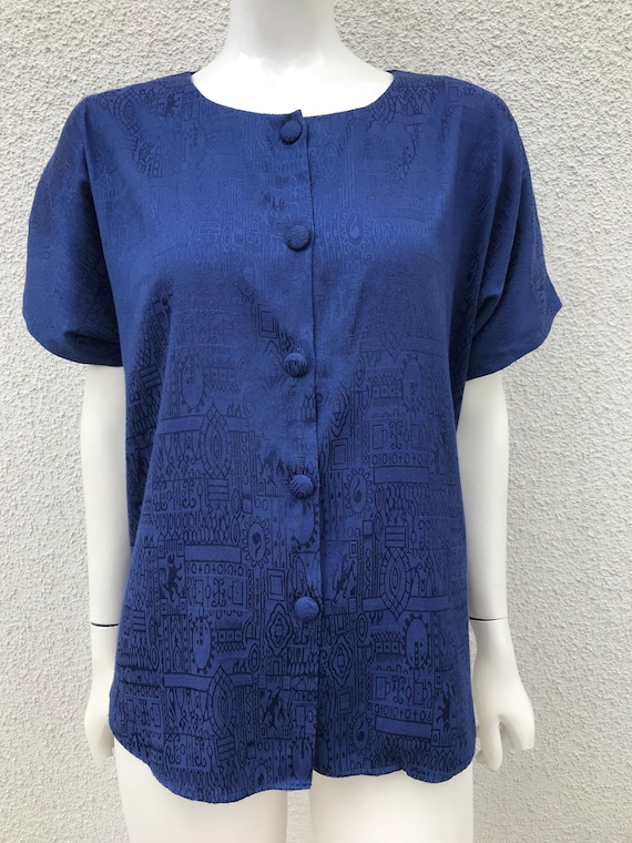 Vintage 80s 90s Blouse Thai Silk Blue Short Sleeve Button Down 100% Thai Silk Women's Shirt Bohemian Style Summer Top Loose Blouse Large