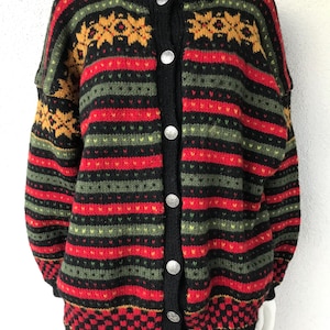 Vtg Norwegian Hand Knitted Wool Cardigan Traditional Nordic Metal Buttons Ornament Scandinavian Nordic Cardigan Multicolored Wool Sweater L