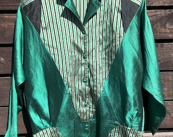 Vintage Thai Silk Tunic Blouse Plaid Green & Black Chevron Blouse Silk Shiny Blouse 80s 90s Striped Thai Silk Hand Wooven Blouse Sz Medium