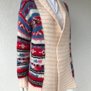Vintage Knit Womens Cardigan Knitted Mohair Wool Blend Open Cardigan Abstract Print Sweater Multicolored Patterned Cardigan Sweater Small