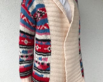 Kardigan damski w stylu vintage z dzianiny, z mieszanki wełny i moheru, z otwartym kardiganem, z abstrakcyjnym nadrukiem, wielokolorowy, wzorzysty kardigan, mały