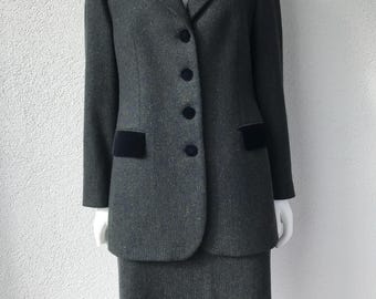 Vintage 80s Delmod International  Women's Two Piece Set Tweed Wool Moss Skirt Suit Retro 2 Piece Suit Skirt and Jacket Warm Winter Suit Sz M