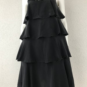 Vintage Frill Ruffled Black Dress Black Silk Dress Party Evening Dress Sleeveless Layered Dress Black Silky Ruffle Midi Dress Size Small