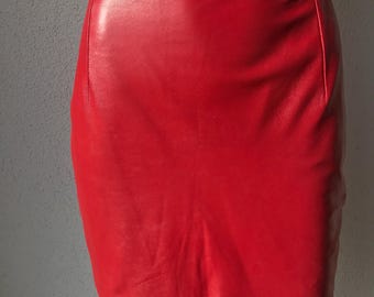 Y2K Red Real Leather Skirt Vintage 90s Genuine Leather Mini Skirt Lamb Leather Very Soft Mini Skirt Pencil Skirt High Waisted Skirt XS/S