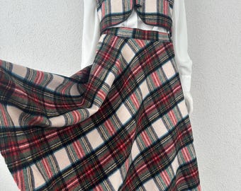 Vintage 80s Two Piece Tartan Set Skirt and Vest Wool Blend Preppy Plaid Midi Skirt & Vest Set Checkered High Waisted Flared Skirt Set Small