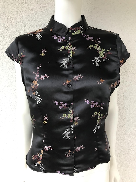 Vintage 90s Black Satin Chinese Style Top Floral Blouse