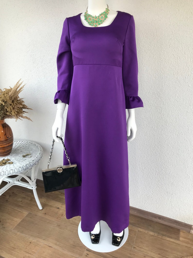 Vtg 70 s Boho Chic Groovy superposition brillante robe Maxi robe taille haute rétro lumineux violet longue robe de soirée manches 3/4 étage longueur taille S/M image 2