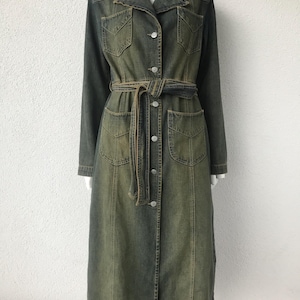 Vintage Y2K Popin Jeans Stylish Denim Long Coat Denim Long Coat With Belt and Pockets Faded Pirate Coat Blue Brown Belted Denim Coat Medium