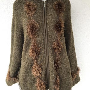 Vintage 90s Moss Hooded Cardigan Sweater Wool Poncho Long Sleeve Cardigan Wool Poncho with Zipper Plus Size Poncho Oversized Poncho Loose